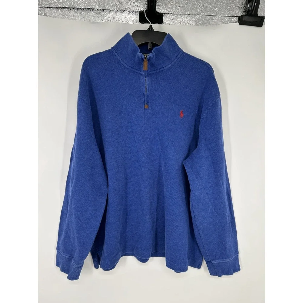 Polo Ralph Lauren Sweater Mens 2XL 1/4 Quarter Zip Knit Royal Blue Leather Tab